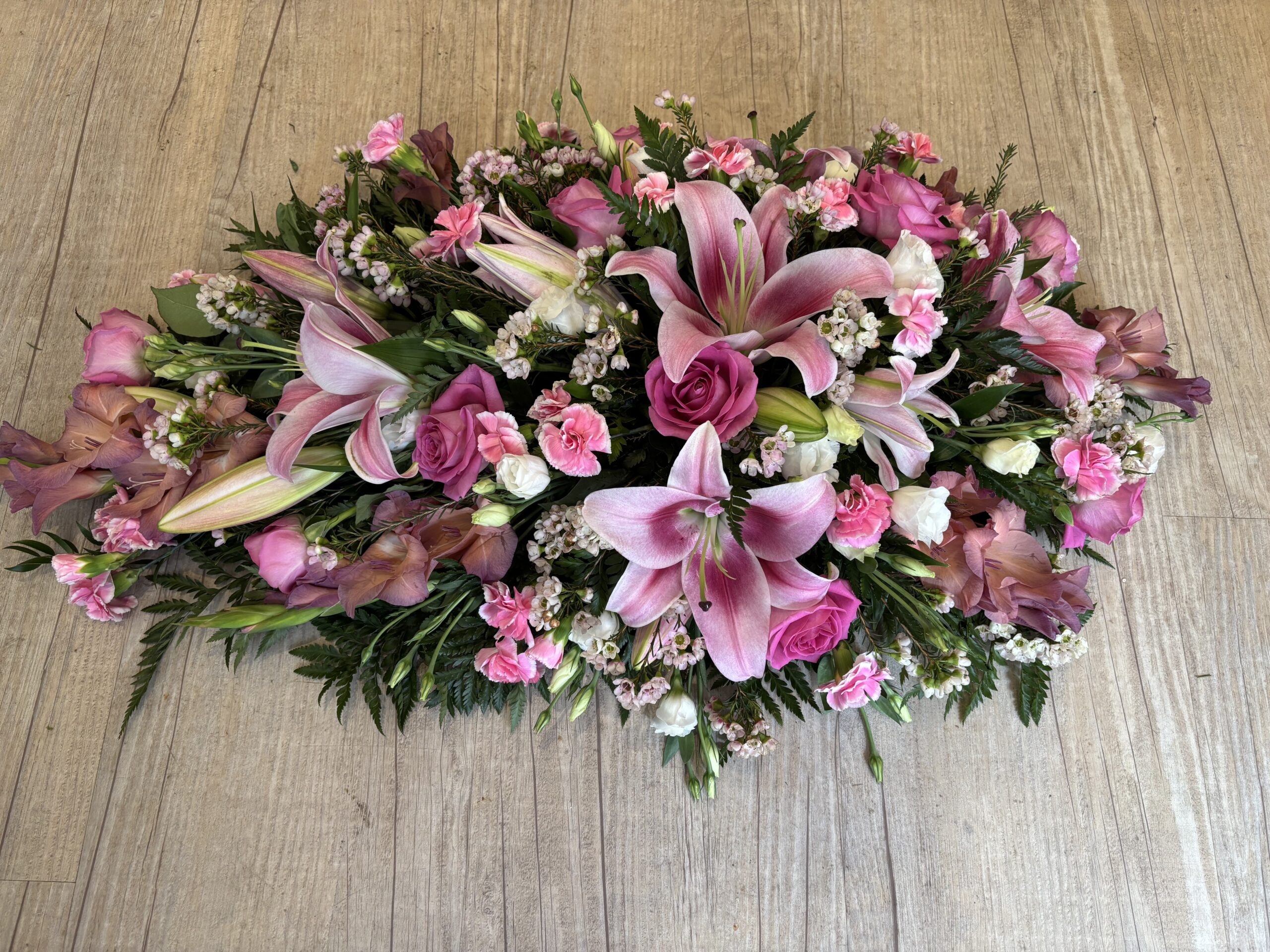 Pink lilies and roses 2ft single ended spray